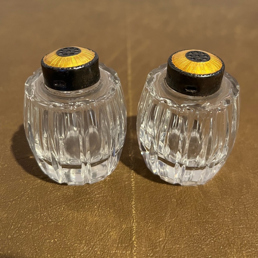 Vintage Sterling Enamel Meka Denmark Crystal Salt and Pepper Shaker Set Golden